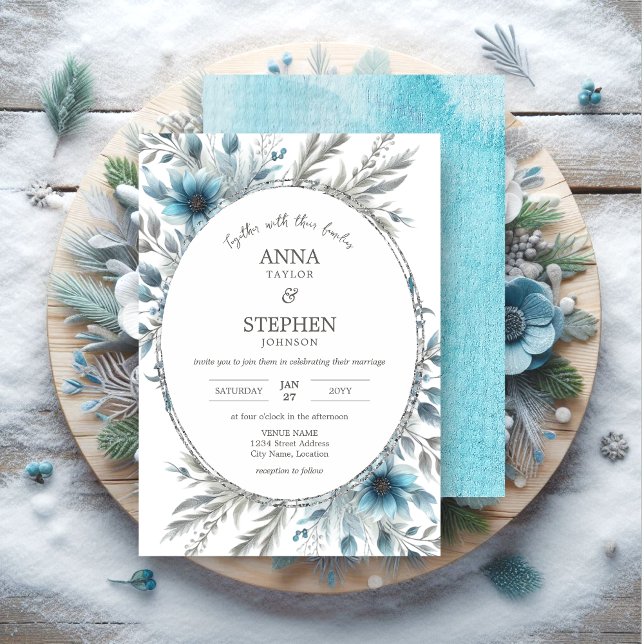 Winter Wonderland Floral Wedding Invitation (Winter wonderland floral wedding invitation front and back.)