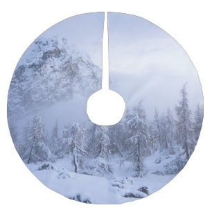 Winter wonderland, fog, spruce forest and mountain brushed polyester tree skirt