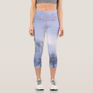 Winter wonderland, fog, spruce forest and mountain capri leggings