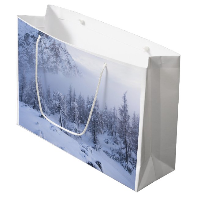 Winter wonderland, fog, spruce forest and mountain large gift bag (Front Angled)
