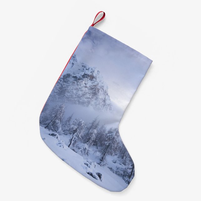 Winter wonderland, fog, spruce forest and mountain small christmas stocking (Front (Hanging))