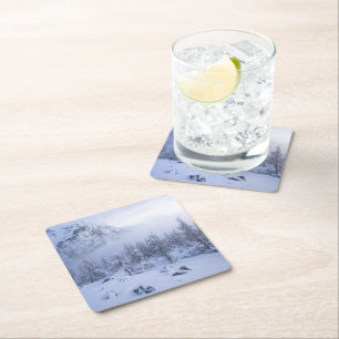 Winter wonderland, fog, spruce forest and mountain square paper coaster
