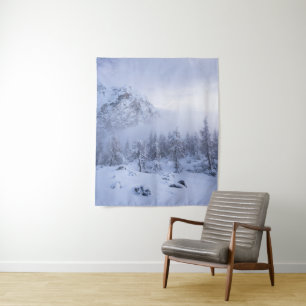 Winter wonderland, fog, spruce forest and mountain tapestry