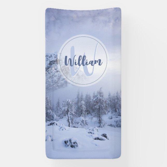 Winter wonderland fog spruce forest snow monogram banner (Vertical)