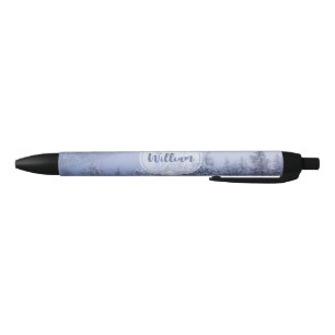 Winter wonderland fog spruce forest snow monogram black ink pen