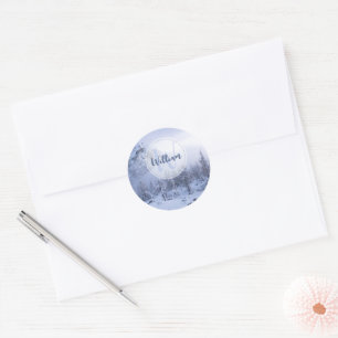 Winter wonderland fog spruce forest snow monogram classic round sticker