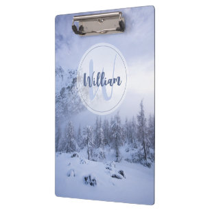 Winter wonderland fog spruce forest snow monogram clipboard