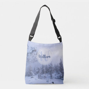 Winter wonderland fog spruce forest snow monogram crossbody bag