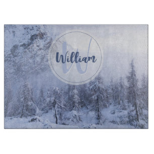 Winter wonderland fog spruce forest snow monogram cutting board