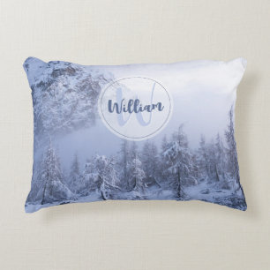 Winter wonderland fog spruce forest snow monogram decorative cushion