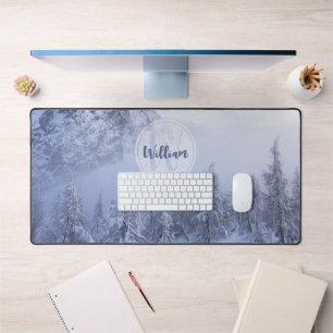 Winter wonderland fog spruce forest snow monogram desk mat