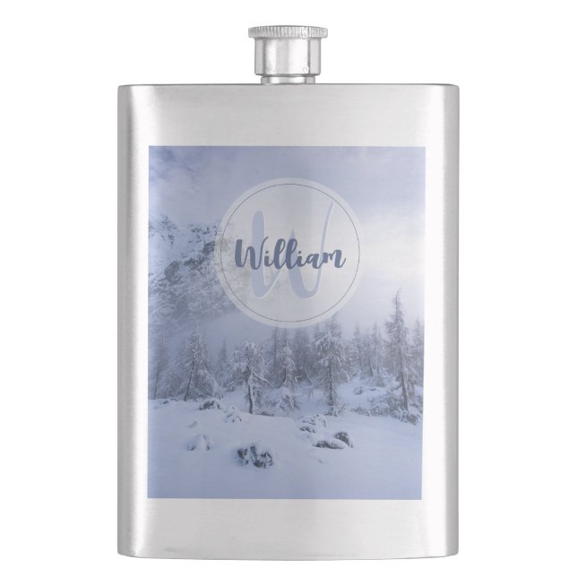 Winter wonderland fog spruce forest snow monogram hip flask (Front)