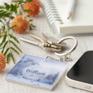 Winter wonderland fog spruce forest snow monogram key ring