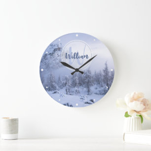 Winter wonderland fog spruce forest snow monogram large clock