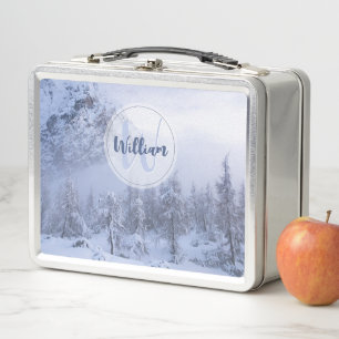 Winter wonderland fog spruce forest snow monogram  metal lunch box