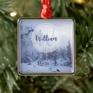 Winter wonderland fog spruce forest snow monogram metal tree decoration