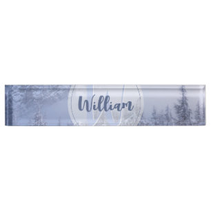 Winter wonderland fog spruce forest snow monogram nameplate