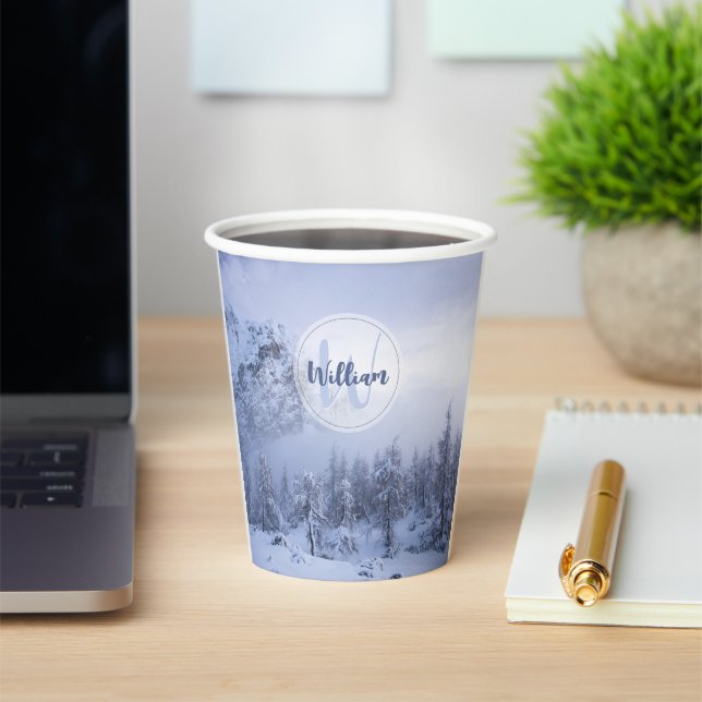 Winter wonderland fog spruce forest snow monogram paper cups (Insitu)