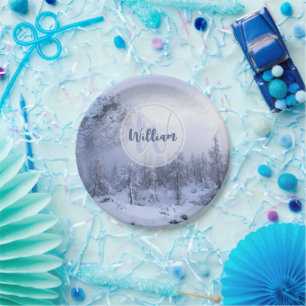 Winter wonderland fog spruce forest snow monogram paper plate