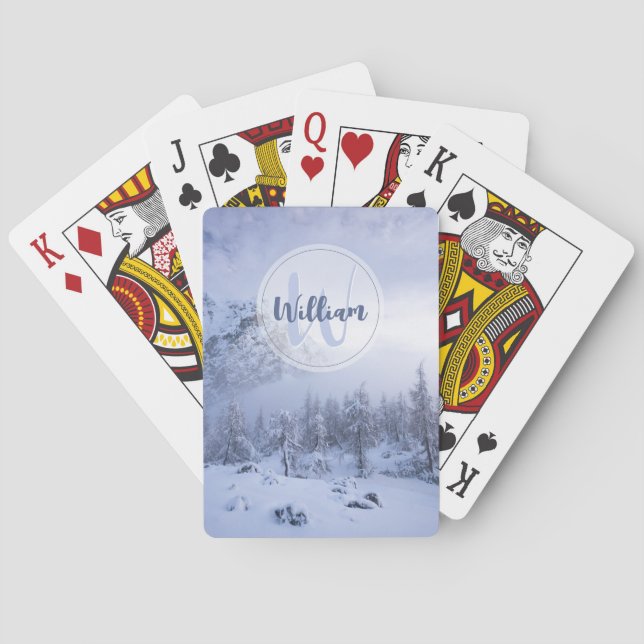 Winter wonderland fog spruce forest snow monogram playing cards (Back)