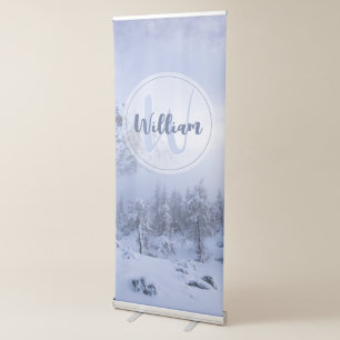 Winter wonderland fog spruce forest snow monogram retractable banner