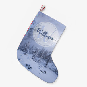 Winter wonderland fog spruce forest snow monogram small christmas stocking