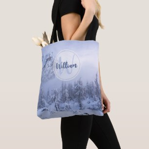 Winter wonderland fog spruce forest snow monogram tote bag