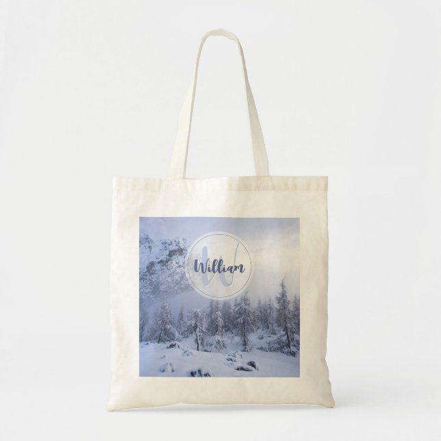 Winter wonderland fog spruce forest snow monogram tote bag (Front)