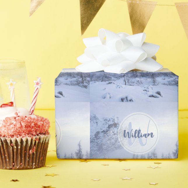 Winter wonderland fog spruce forest snow monogram wrapping paper (Birthday Party)