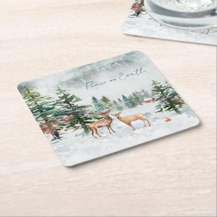 Winter Wonderland Forest Animals Peace On Earth Square Paper Coaster