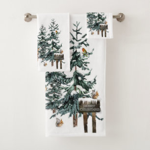 Winter Wonderland Forest Deer Pine Trees Bath Towel Set