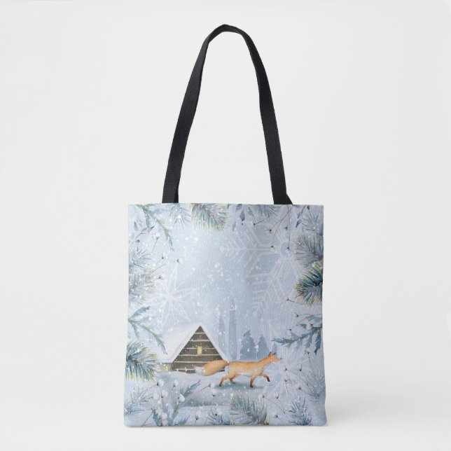 Winter Wonderland Fox Cabin Snow Christmas Xmas Tote Bag (Front)