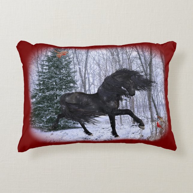 Winter Wonderland Friesian Horse Pillow (Front)