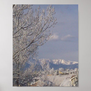 Winter wonderland frosty mountain scene poster