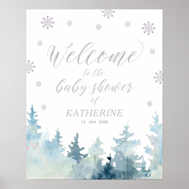 Winter Wonderland Girl Baby Shower Welcome Sign (Front)