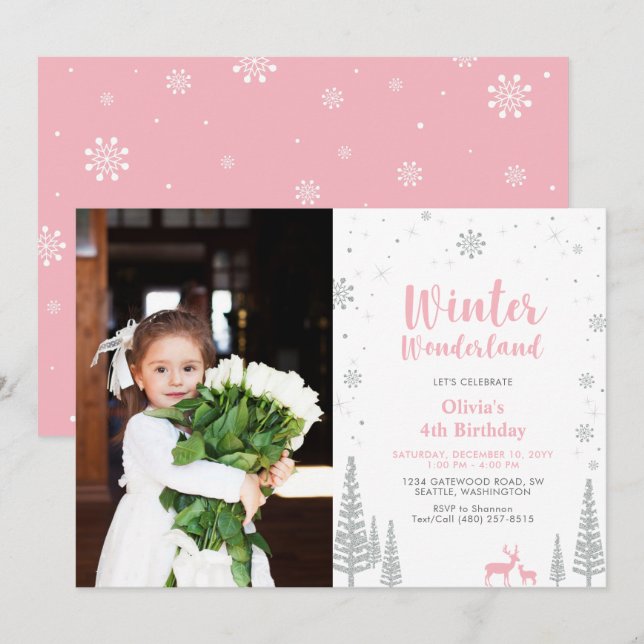 Winter Wonderland Girl Photo Birthday Invitation (Front/Back)