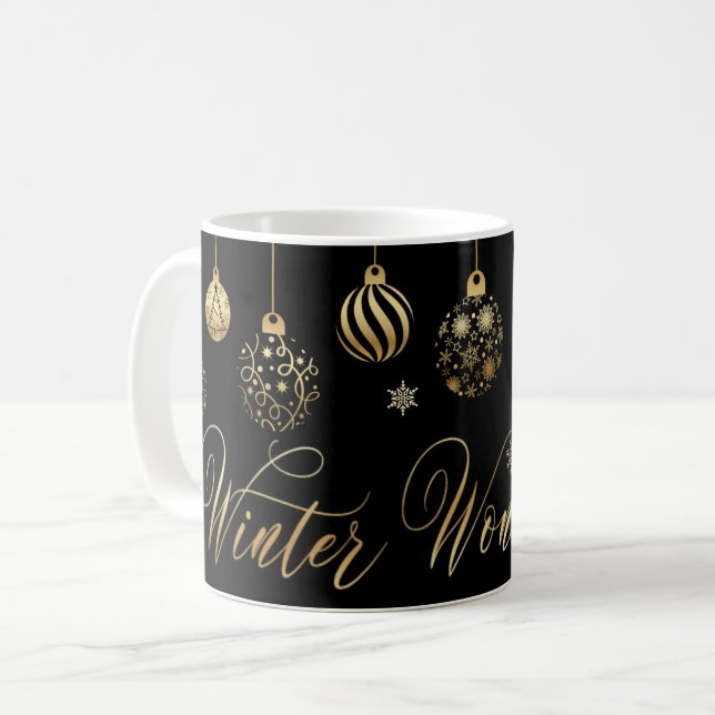 winter wonderland gold black ornaments christmas  coffee mug (Front Left)