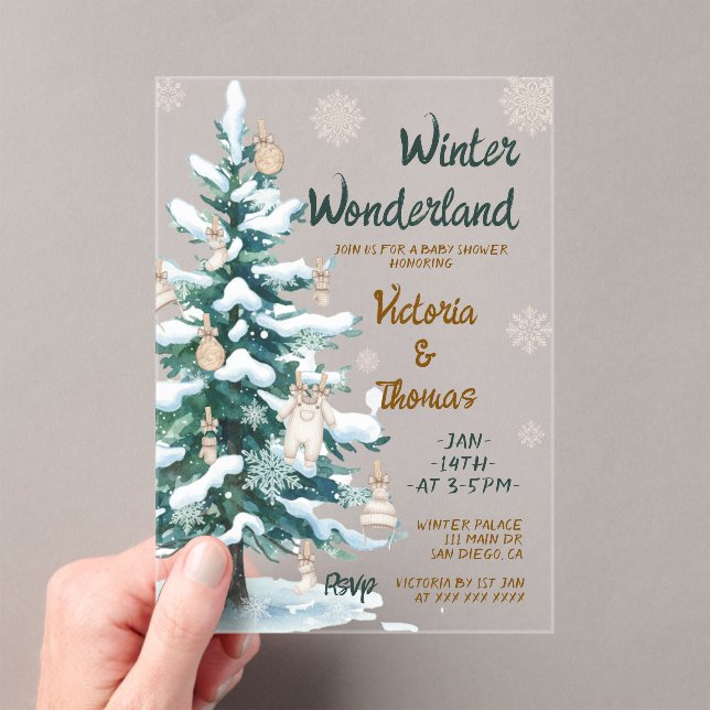 Winter Wonderland Green Neutral Baby Shower Acrylic Invitations (Insitu (Handheld))