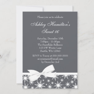 Winter Wonderland Grey Snowflake Bow Sweet 16 Invitation
