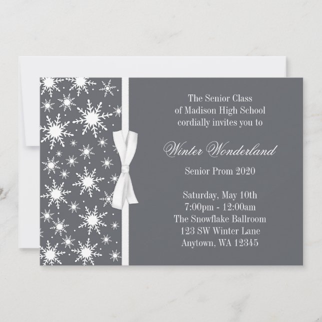 Winter Wonderland Grey Snowflakes Bow Prom Invitation (Front)