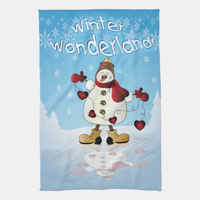 Winter Wonderland Heart Snowmen Tea Towel (Vertical)