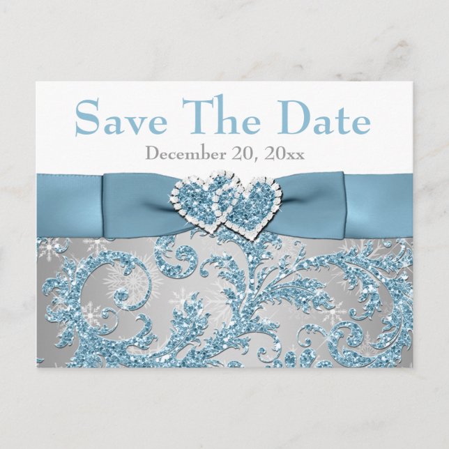 Winter Wonderland, Hearts Save the Date Postcard (Front)