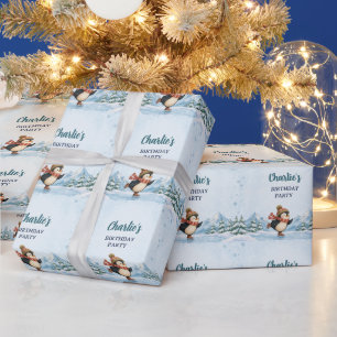 Winter Wonderland Ice Skating Penguin Boy Birthday Wrapping Paper