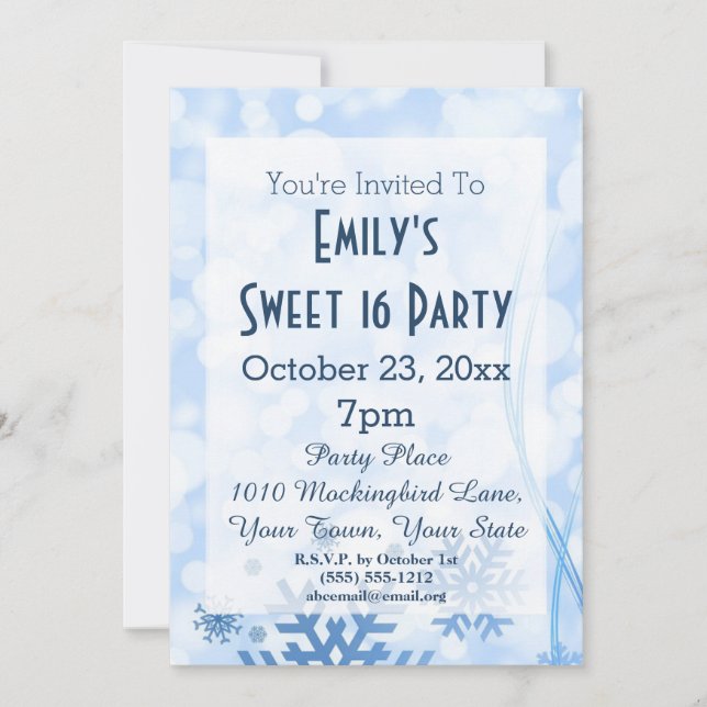 Winter Wonderland Ice Theme Blue Sweet 16 Birthday Invitation (Front)