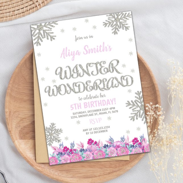 Winter Wonderland Invitation, Winter Invitation (Pink Floral Winter Wonderland Birthday Invitations)