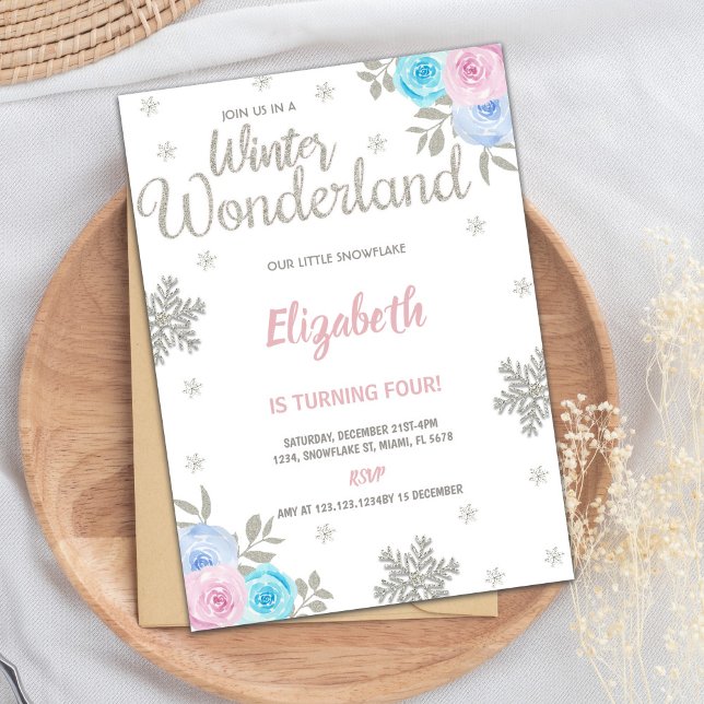 Winter Wonderland Invitation, Winter Invitation (Floral Silver Glitter Winter Wonderland Birthday Invitation)