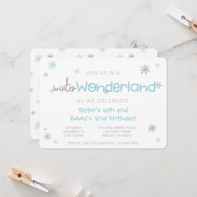 Winter Wonderland Joint Birthday Party, Any Age Invitation (Front/Back In Situ)