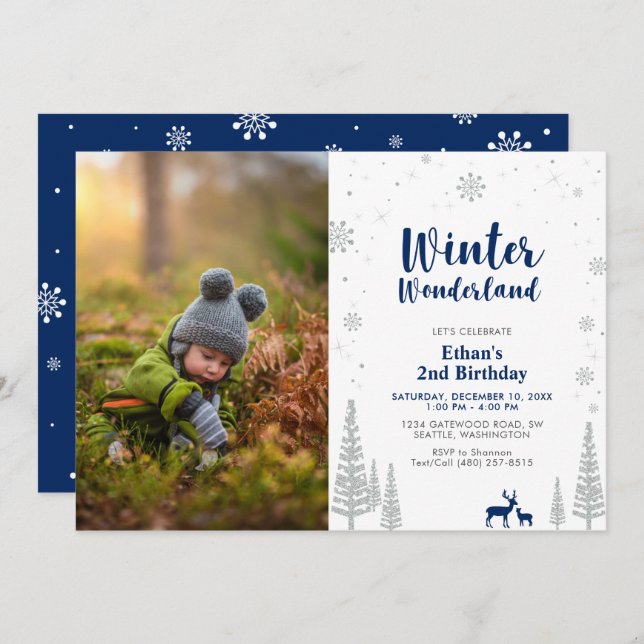 Winter Wonderland Kid Boy 2nd Birthday Invitation (Front/Back)