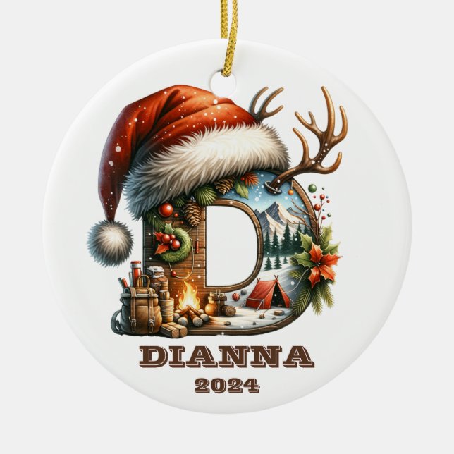 Winter Wonderland Letter D Santa Hat and Campfire Ceramic Tree Decoration (Front)