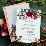 Winter wonderland lights Christmas floral wedding Invitation<br><div class="desc">Rustic winter seasonal wedding invitation template on a light dusty blue background featuring a beautiful dark red burgundy and white peony roses bouquet with hunter pine foliage, fir branches, red berries , strings of white magic twinkle lights and a chic dark green typography script. Easy to personalise with your details!...</div>